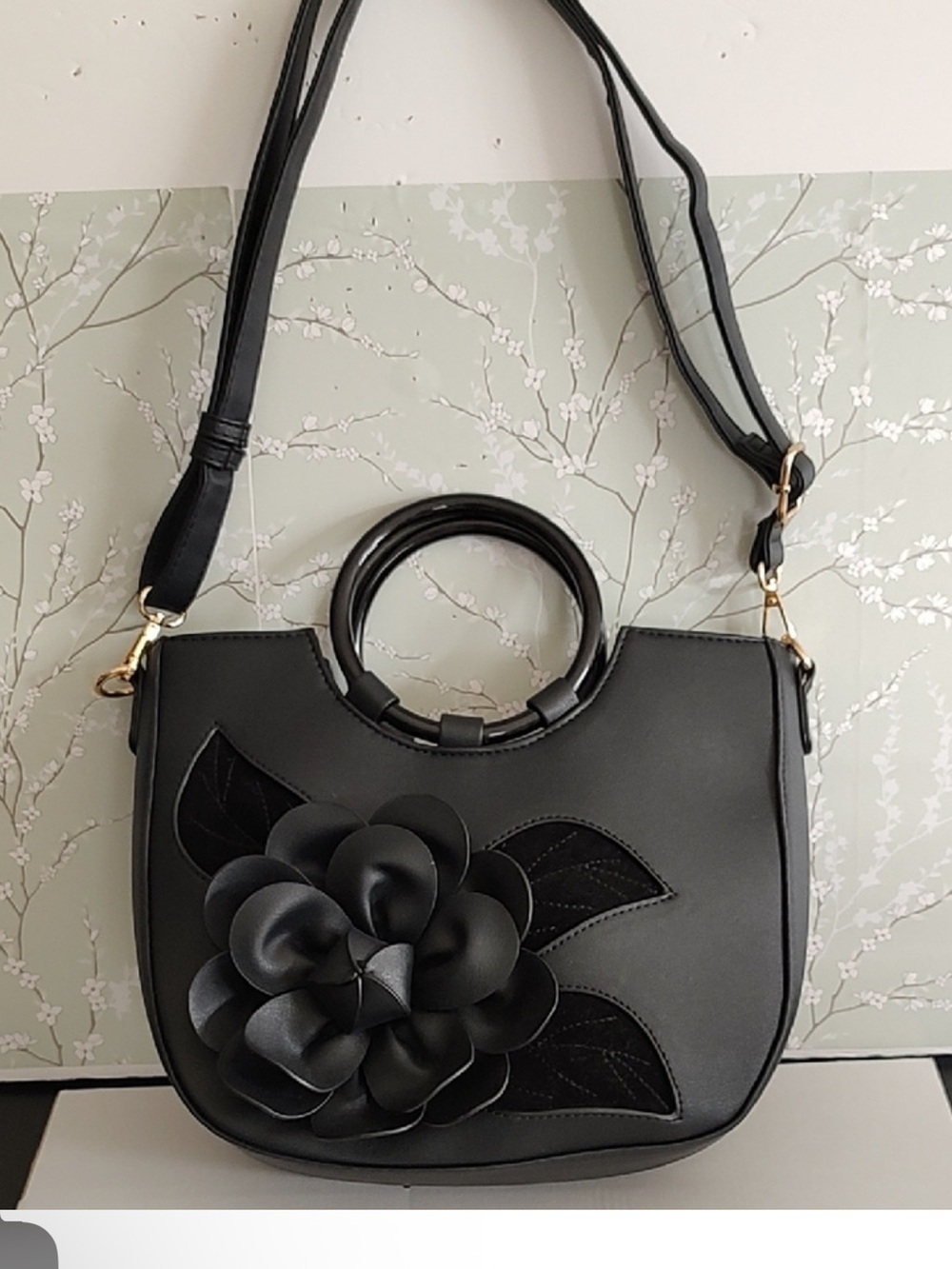 Versona  Black Floral Appliqué Shoulder Bag